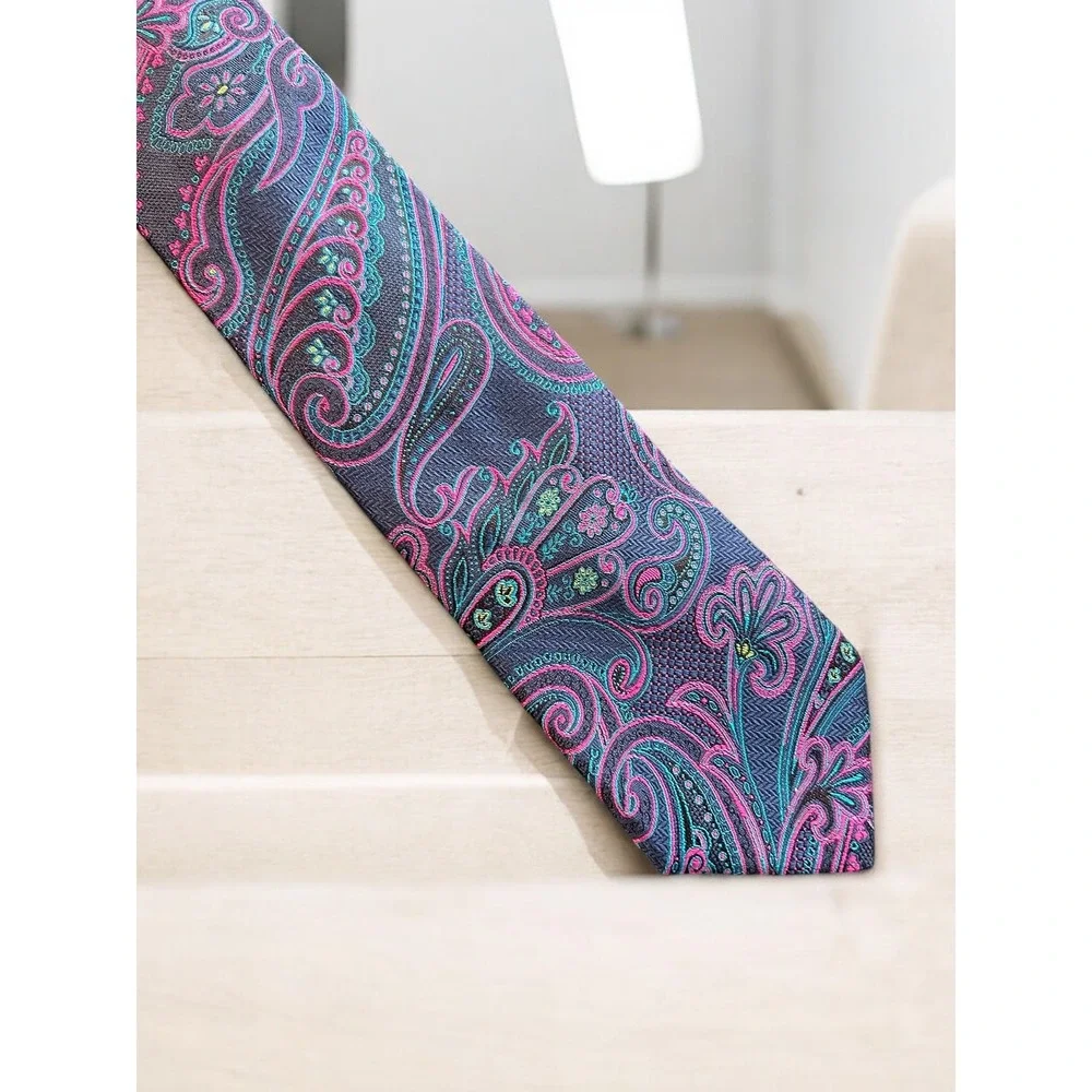 VIV‎ Italy Silk Tie Paisley Blue Pink Teal 3.25